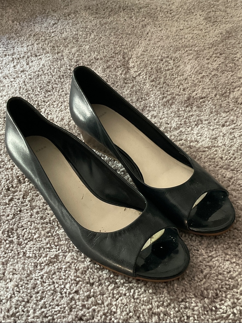 COLE HAAN Leather Black Peep-Toe Wedge Heels